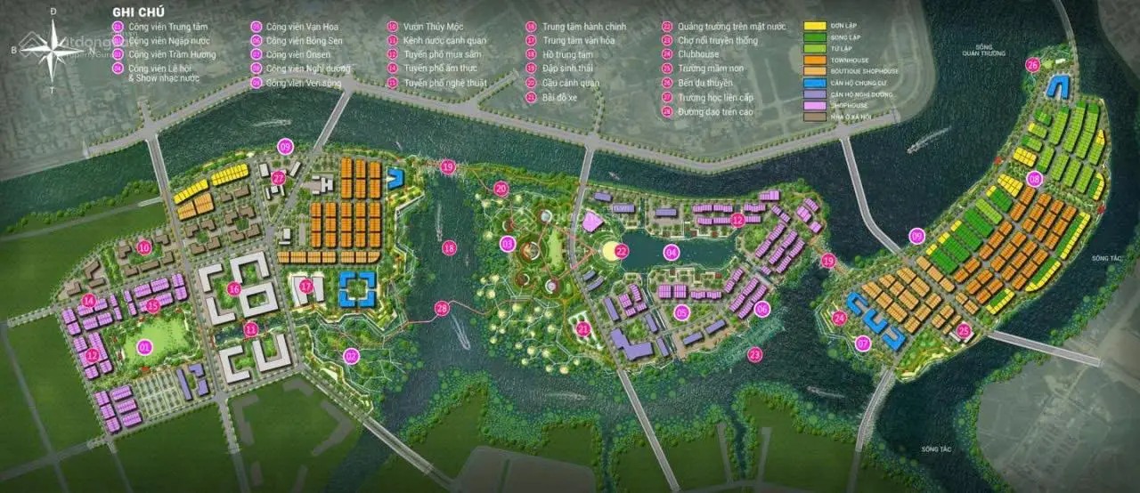 Sơ đồ phân khu Charmora City Nha Trang, vị trí tòa The Onsen 1 và hệ thống tiện ích 60ha mặt nước cây xanh.