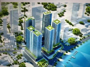 Phối cảnh tổng thể 5 tòa căn hộ Mường Thanh Viễn Triều Nha Trang sát biển.