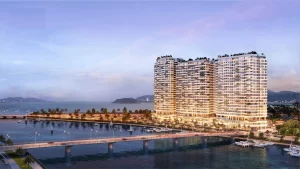 Phối cảnh tổng thể dự án Welltone Luxury Residence bên vịnh Nha Trang và sông Cái.