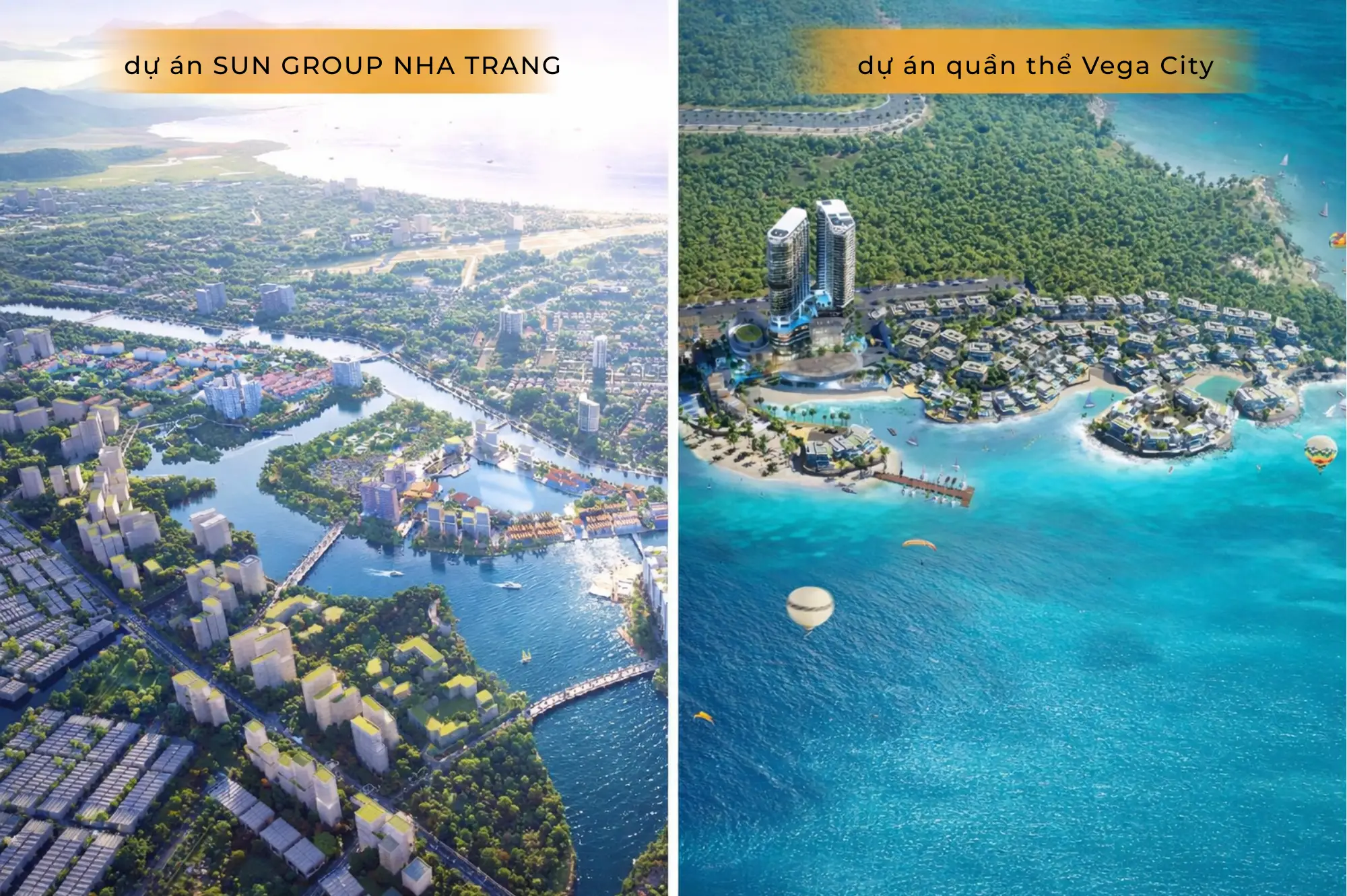 So sánh tổng thể quy mô 226ha Sun Group Nha Trang và quần thể Vega City 43.8ha từ trên cao.