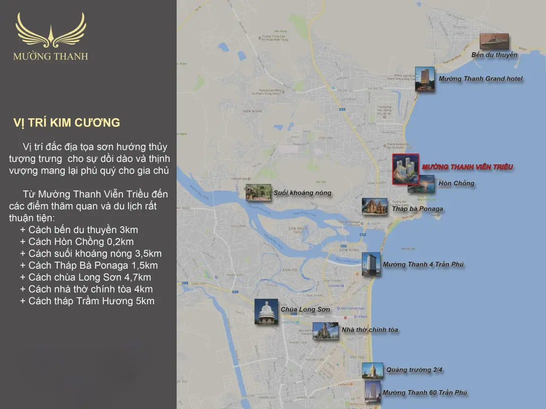 Vị trí dự án Mường Thanh Viễn Triều trên bản đồ, nằm ngay đường Phạm Văn Đồng đối diện biển Hòn Chồng Nha Trang